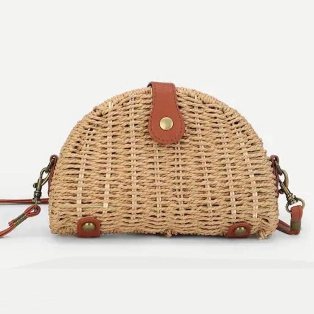 Crossbody Woven Basket Half Moon Circle Oval Bag Long Strap Snap‎ Closure Purse